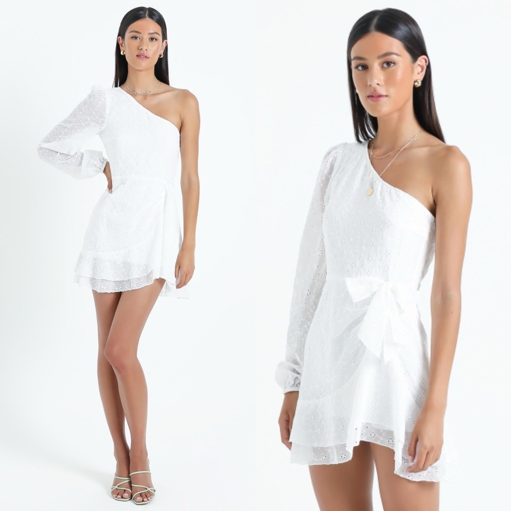 Showpo Truro Eyelet One-Shoulder Mini Dress in White sz 4